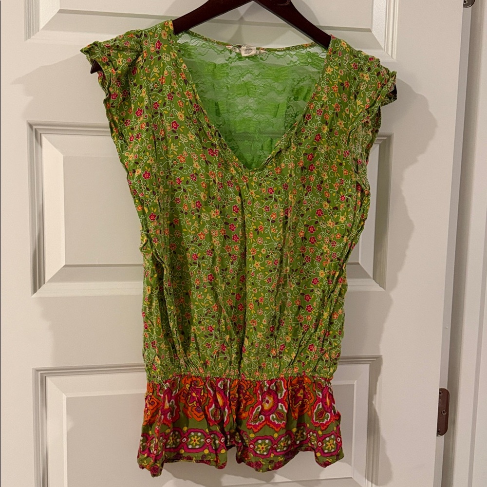 Green and Pink Floral Boho lace back blouse with ruched waist peplum hem